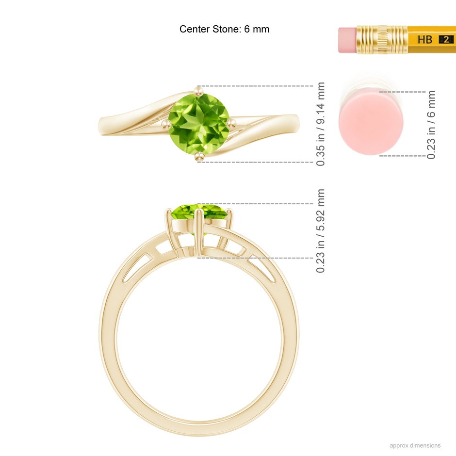 6mm AAA Classic Round Peridot Solitaire Bypass Ring in Yellow Gold ruler