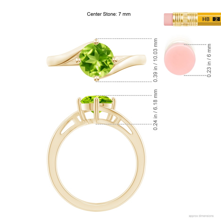 7mm AAA Classic Round Peridot Solitaire Bypass Ring in Yellow Gold ruler
