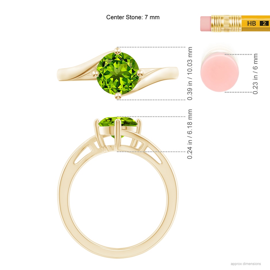 7mm AAAA Classic Round Peridot Solitaire Bypass Ring in Yellow Gold ruler