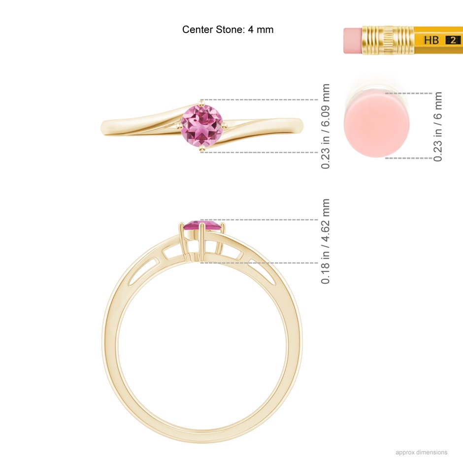 4mm AAA Classic Round Pink Tourmaline Solitaire Bypass Ring in Yellow Gold ruler
