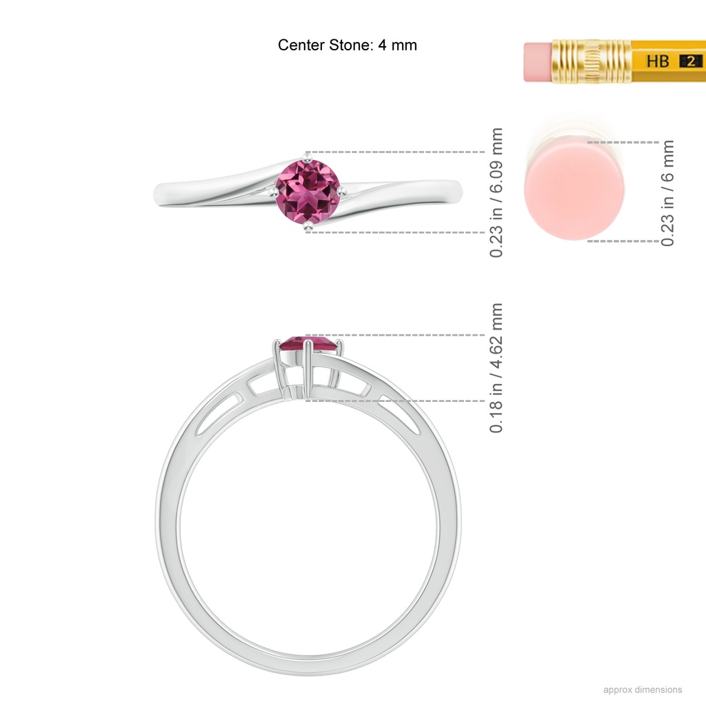4mm AAAA Classic Round Pink Tourmaline Solitaire Bypass Ring in P950 Platinum Ruler