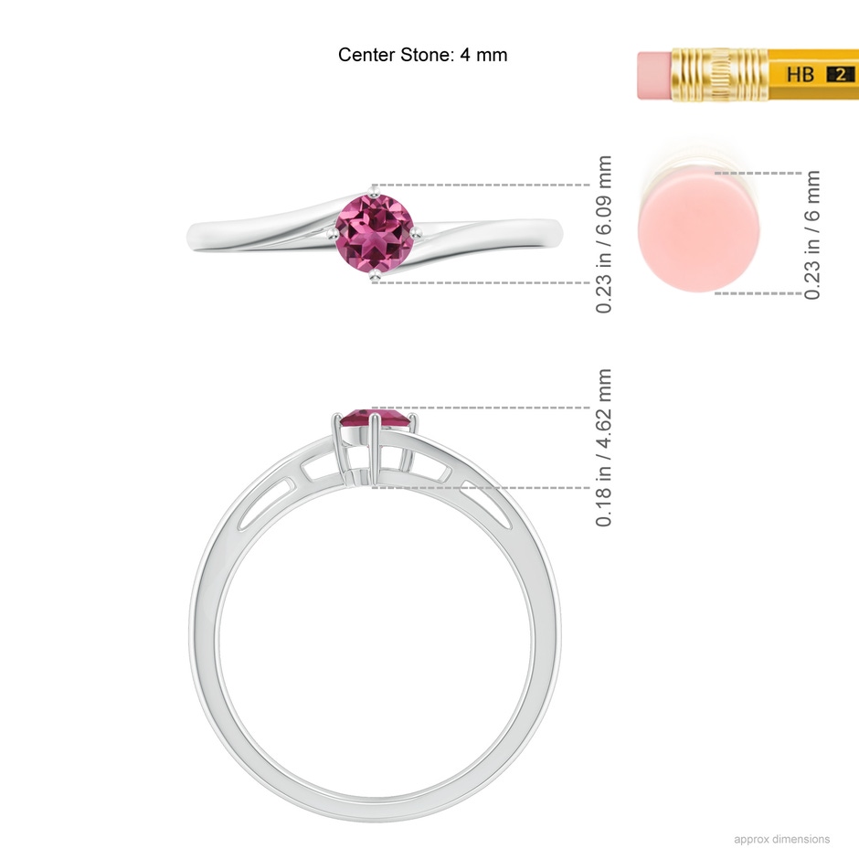 4mm AAAA Classic Round Pink Tourmaline Solitaire Bypass Ring in White Gold ruler