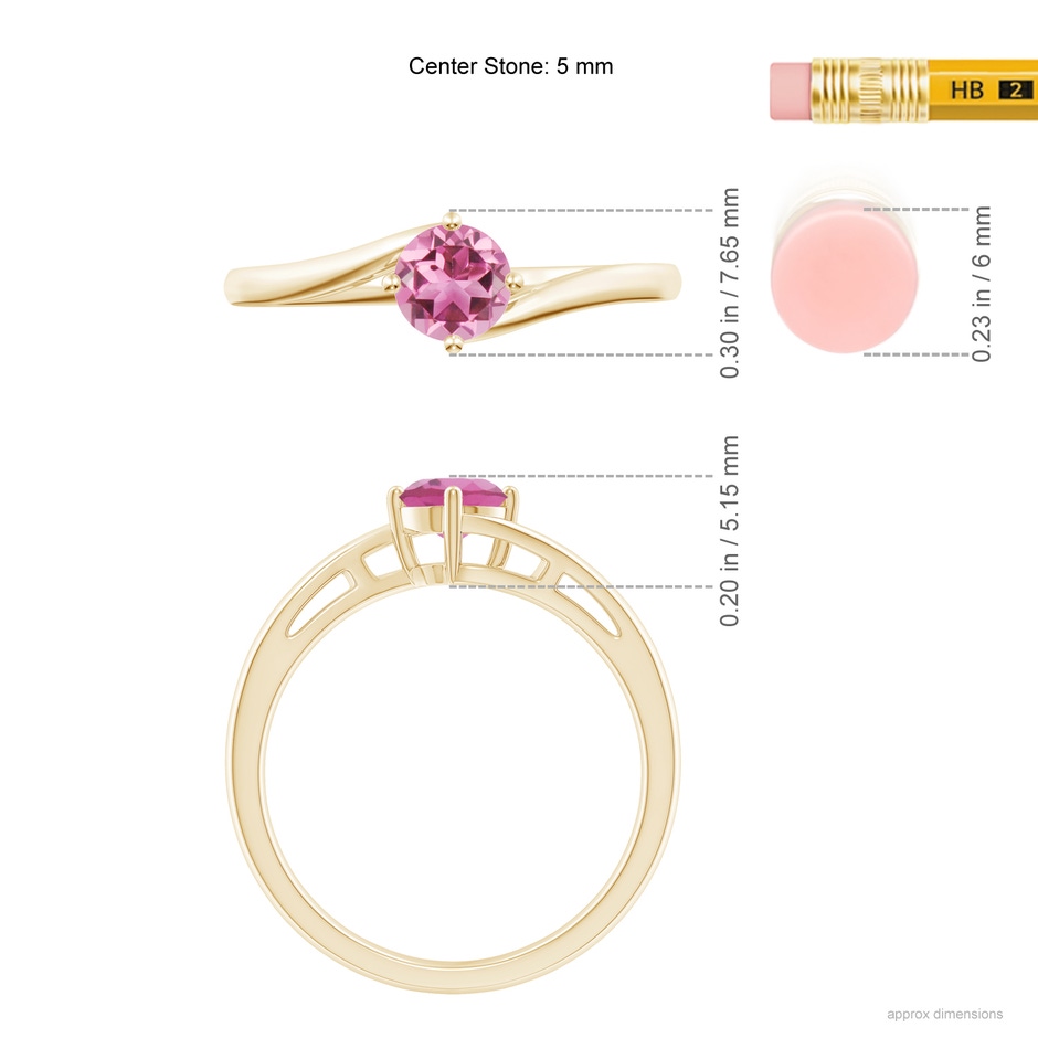 5mm AAA Classic Round Pink Tourmaline Solitaire Bypass Ring in Yellow Gold ruler