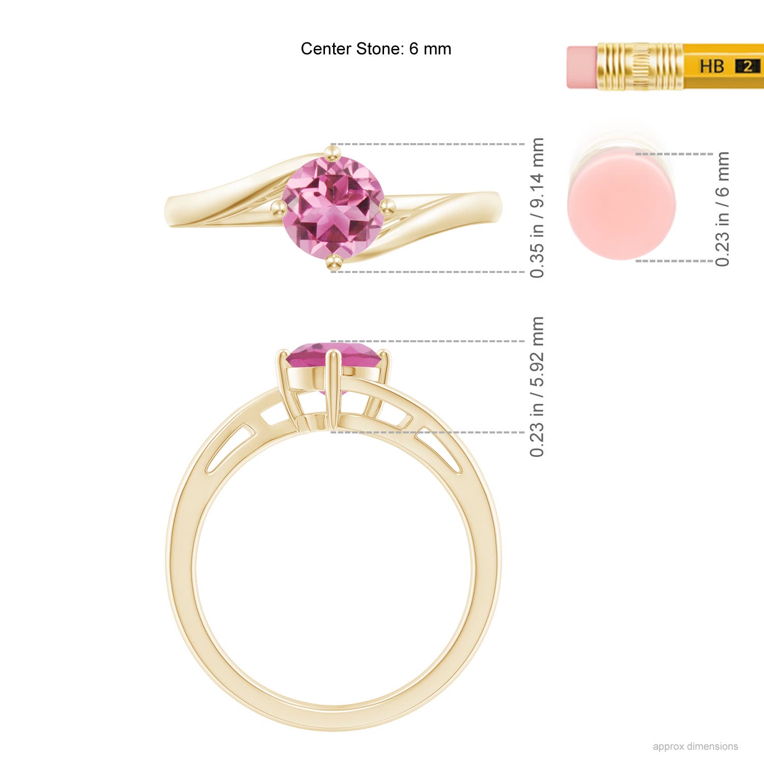 6mm AAA Classic Round Pink Tourmaline Solitaire Bypass Ring in Yellow Gold - ruler