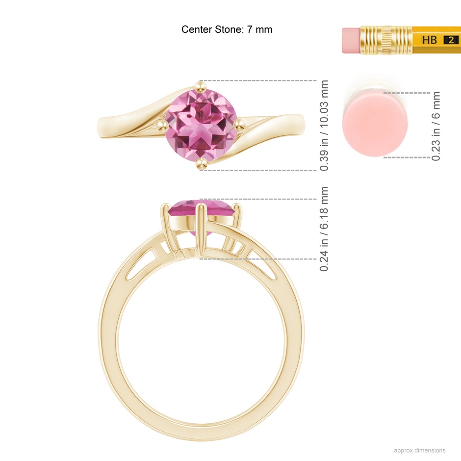 7mm AAA Classic Round Pink Tourmaline Solitaire Bypass Ring in Yellow Gold ruler
