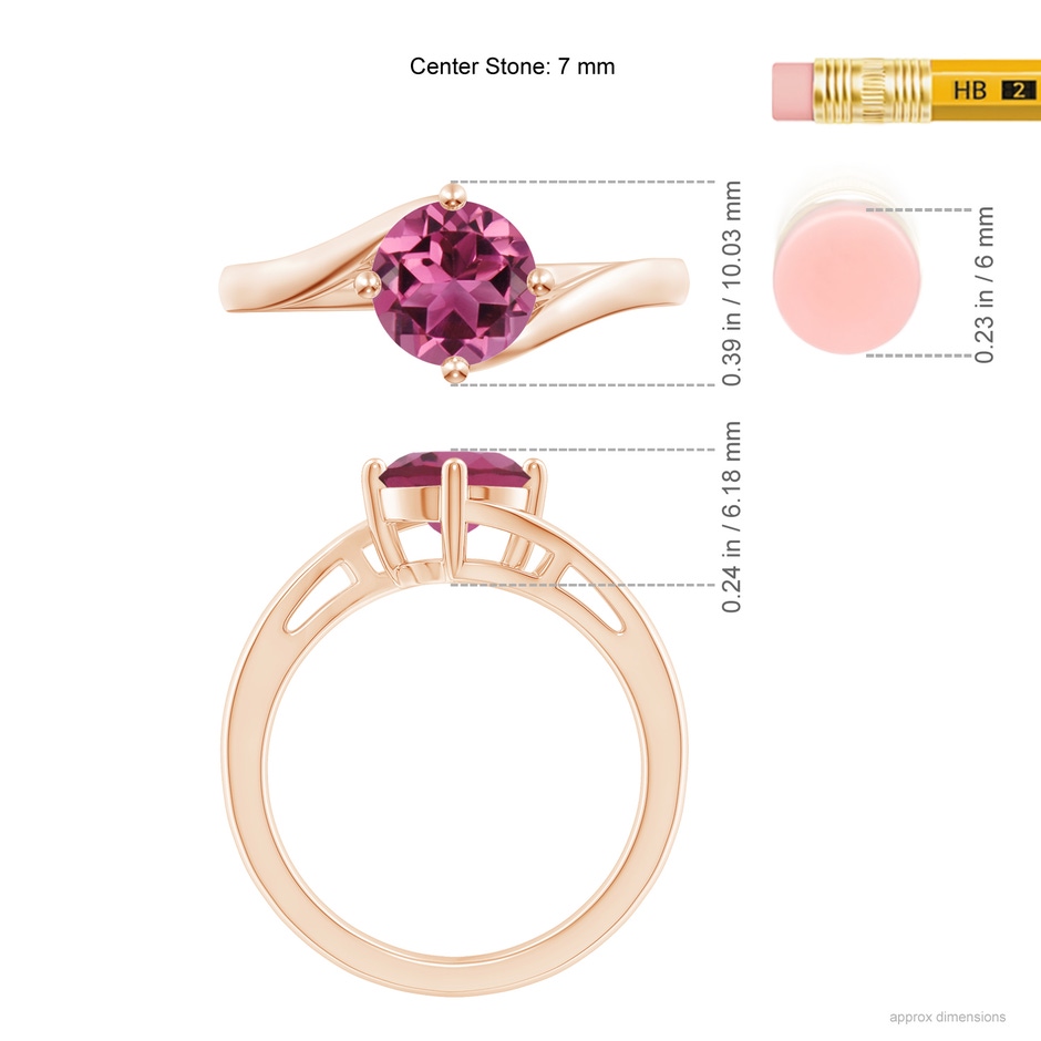 7mm AAAA Classic Round Pink Tourmaline Solitaire Bypass Ring in 18K Rose Gold ruler