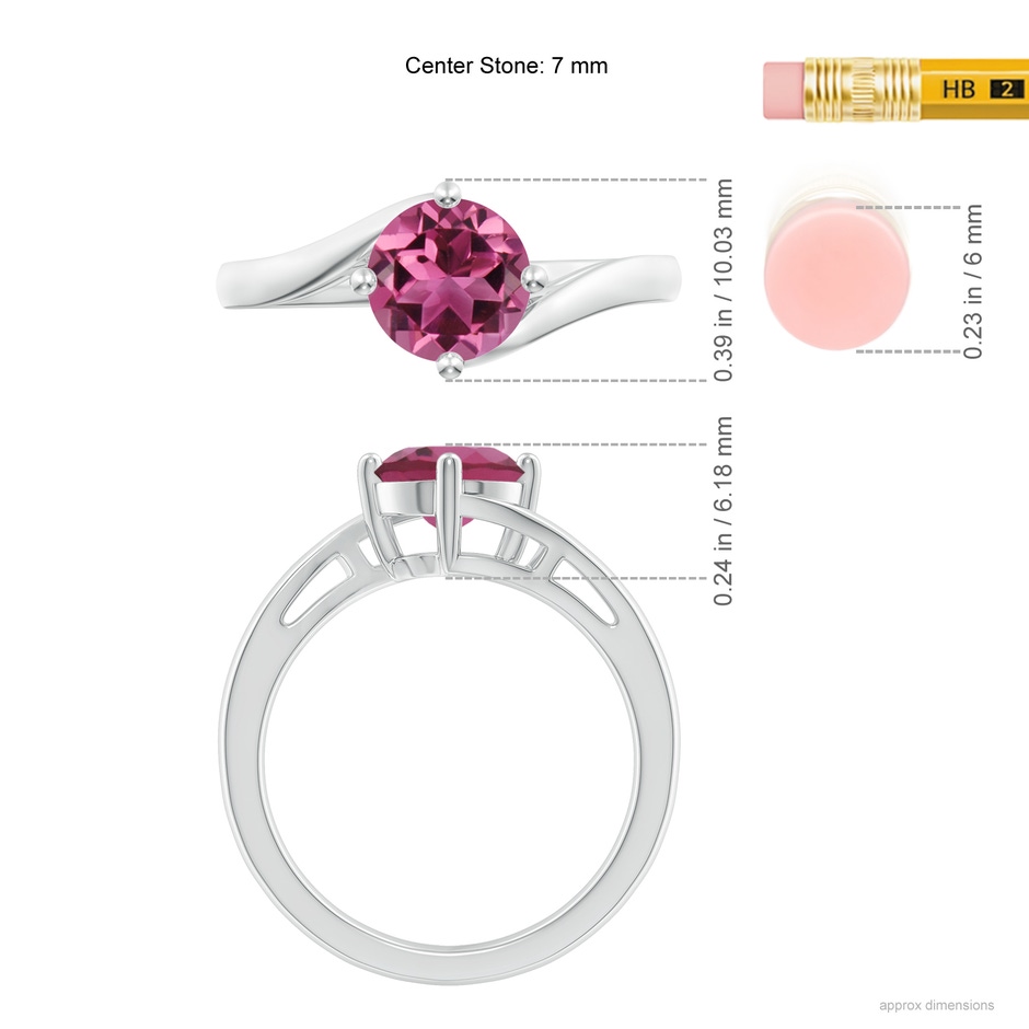 7mm AAAA Classic Round Pink Tourmaline Solitaire Bypass Ring in White Gold ruler