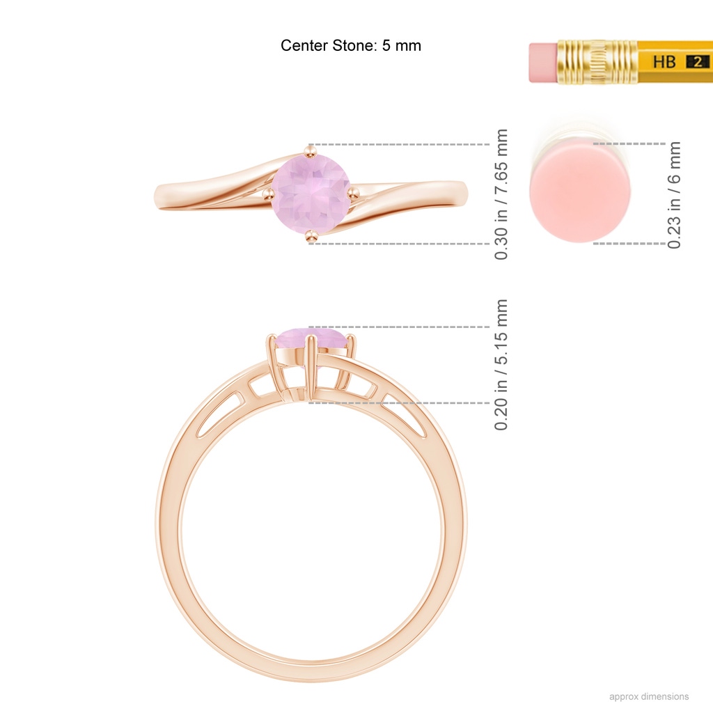 5mm AAAA Classic Round Rose Quartz Solitaire Bypass Ring in Rose Gold Ruler