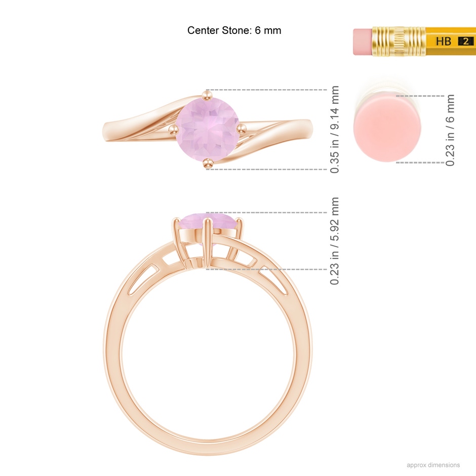 6mm AAAA Classic Round Rose Quartz Solitaire Bypass Ring in Rose Gold Ruler
