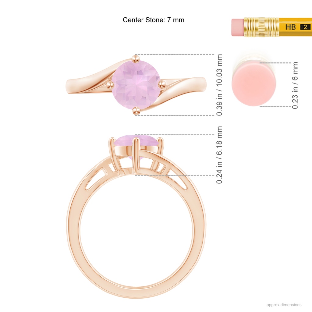 7mm AAAA Classic Round Rose Quartz Solitaire Bypass Ring in Rose Gold Ruler