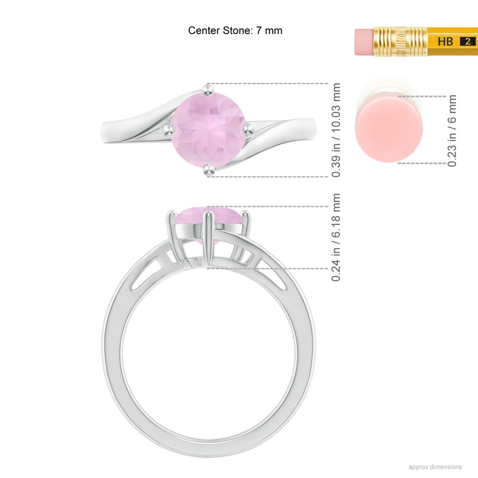 7mm AAAA Classic Round Rose Quartz Solitaire Bypass Ring in White Gold Ruler