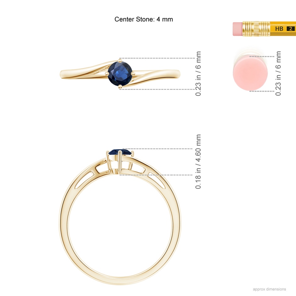4mm AA Classic Round Sapphire Solitaire Bypass Ring in Yellow Gold ruler