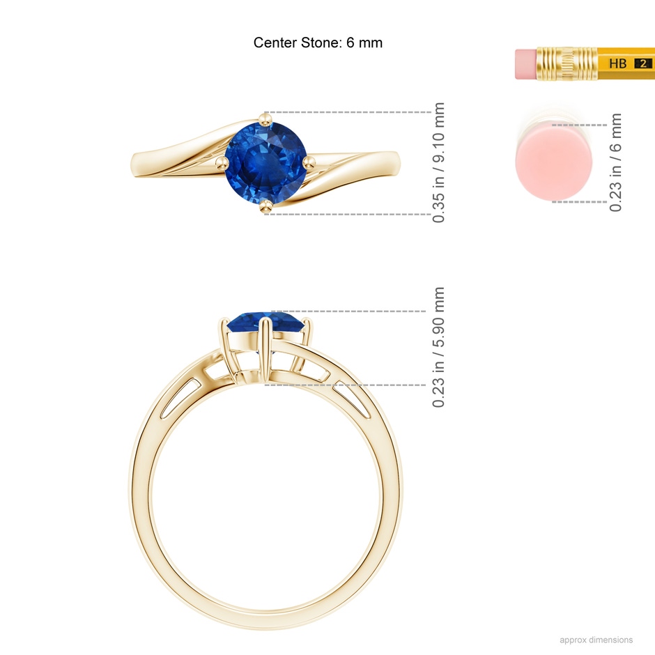 6mm AAA Classic Round Sapphire Solitaire Bypass Ring in 18K Yellow Gold ruler