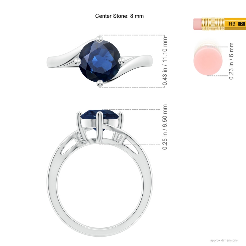 8mm AA Classic Round Sapphire Solitaire Bypass Ring in 18K White Gold ruler