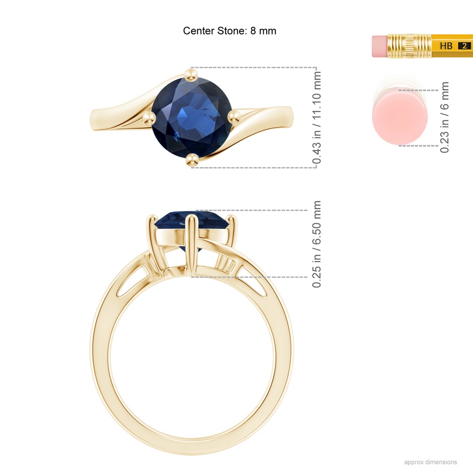 8mm AA Classic Round Sapphire Solitaire Bypass Ring in 18K Yellow Gold ruler