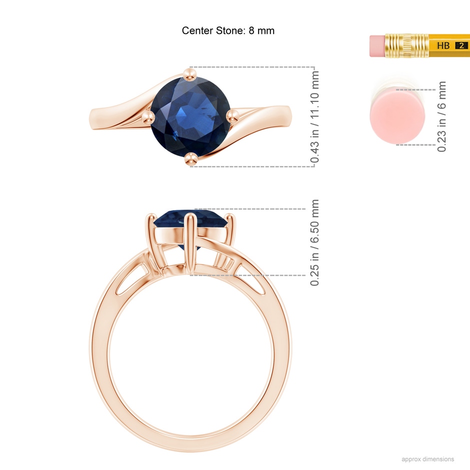 8mm AA Classic Round Sapphire Solitaire Bypass Ring in Rose Gold ruler