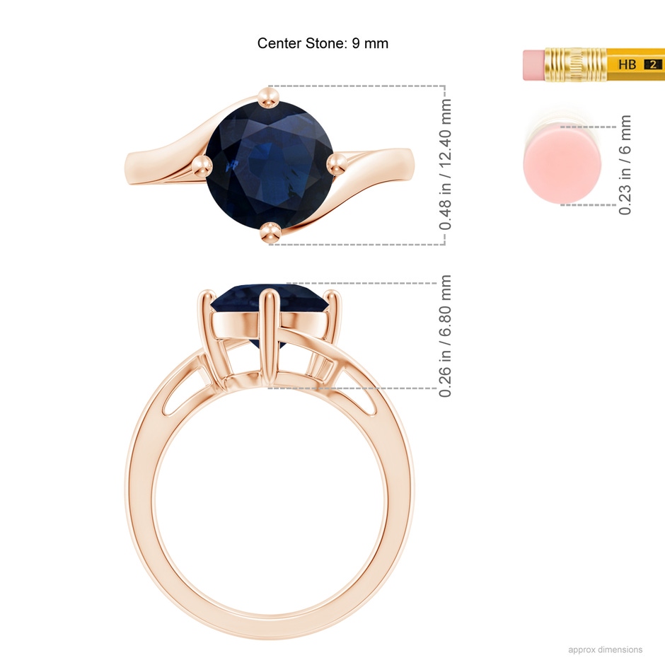 9mm A Classic Round Sapphire Solitaire Bypass Ring in 18K Rose Gold ruler
