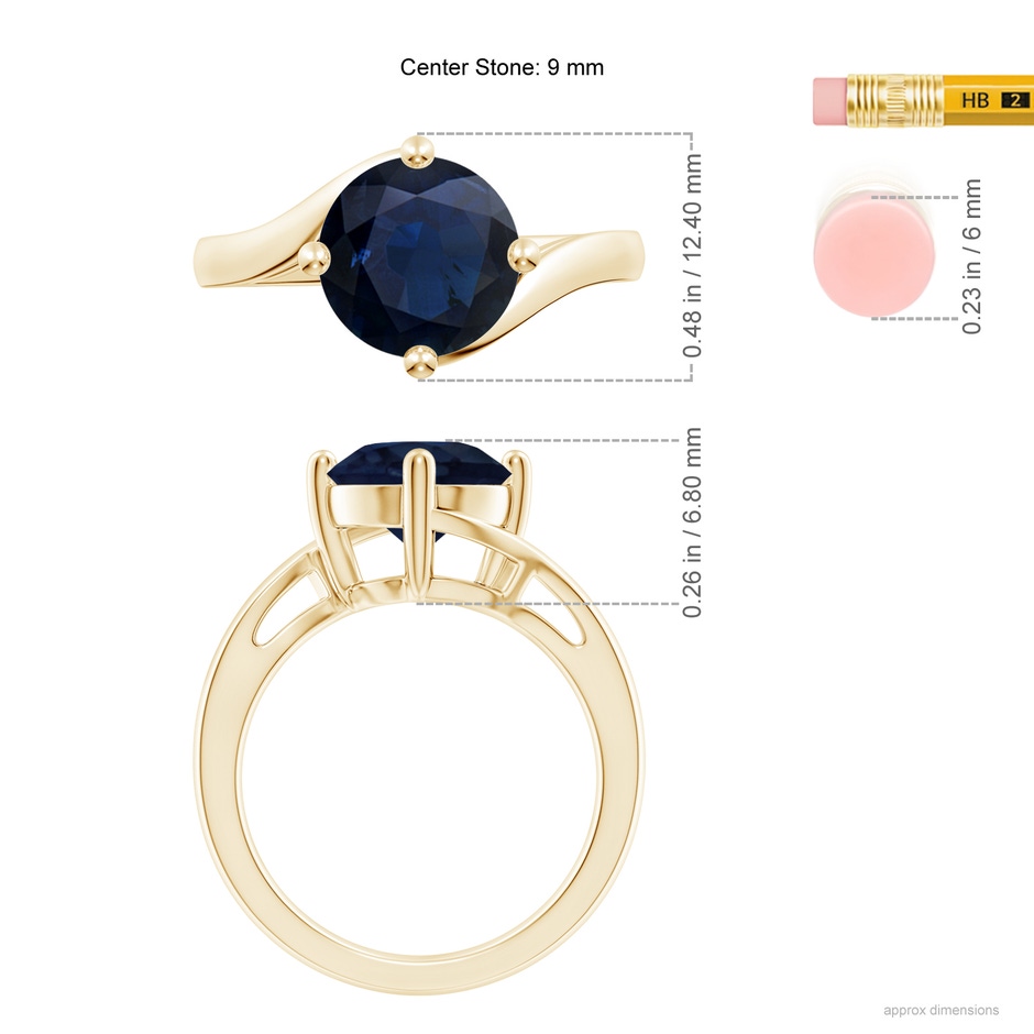 9mm A Classic Round Sapphire Solitaire Bypass Ring in 18K Yellow Gold ruler