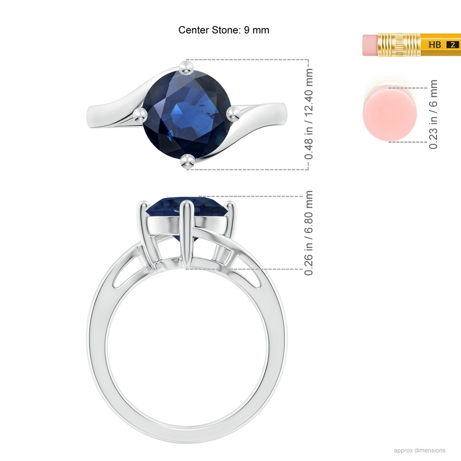 9mm AA Classic Round Sapphire Solitaire Bypass Ring in P950 Platinum ruler