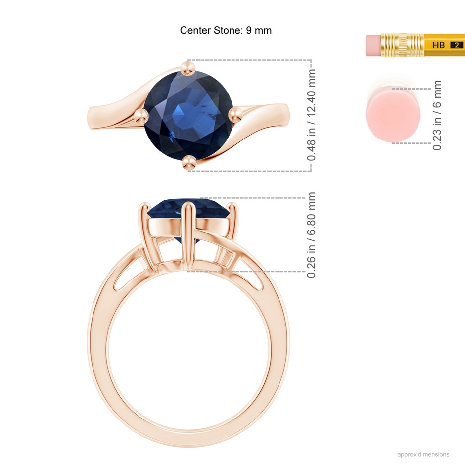 9mm AA Classic Round Sapphire Solitaire Bypass Ring in Rose Gold ruler