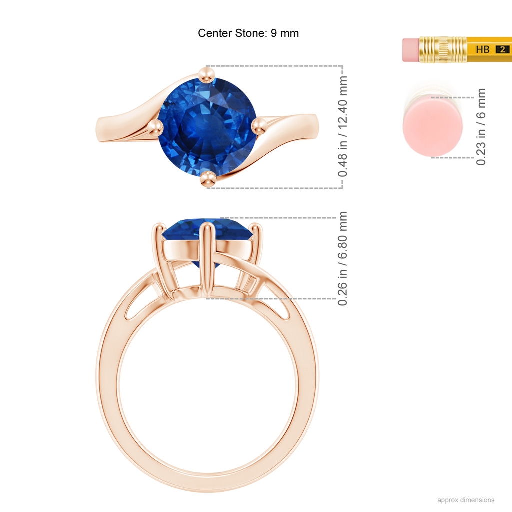9mm AAA Classic Round Sapphire Solitaire Bypass Ring in 9K Rose Gold ruler