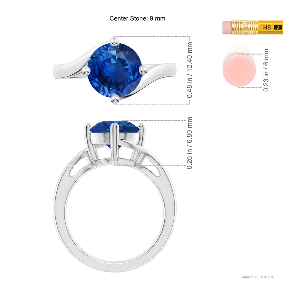 9mm AAA Classic Round Sapphire Solitaire Bypass Ring in P950 Platinum ruler