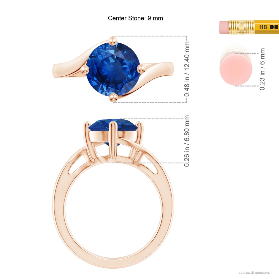 9mm AAA Classic Round Sapphire Solitaire Bypass Ring in Rose Gold ruler