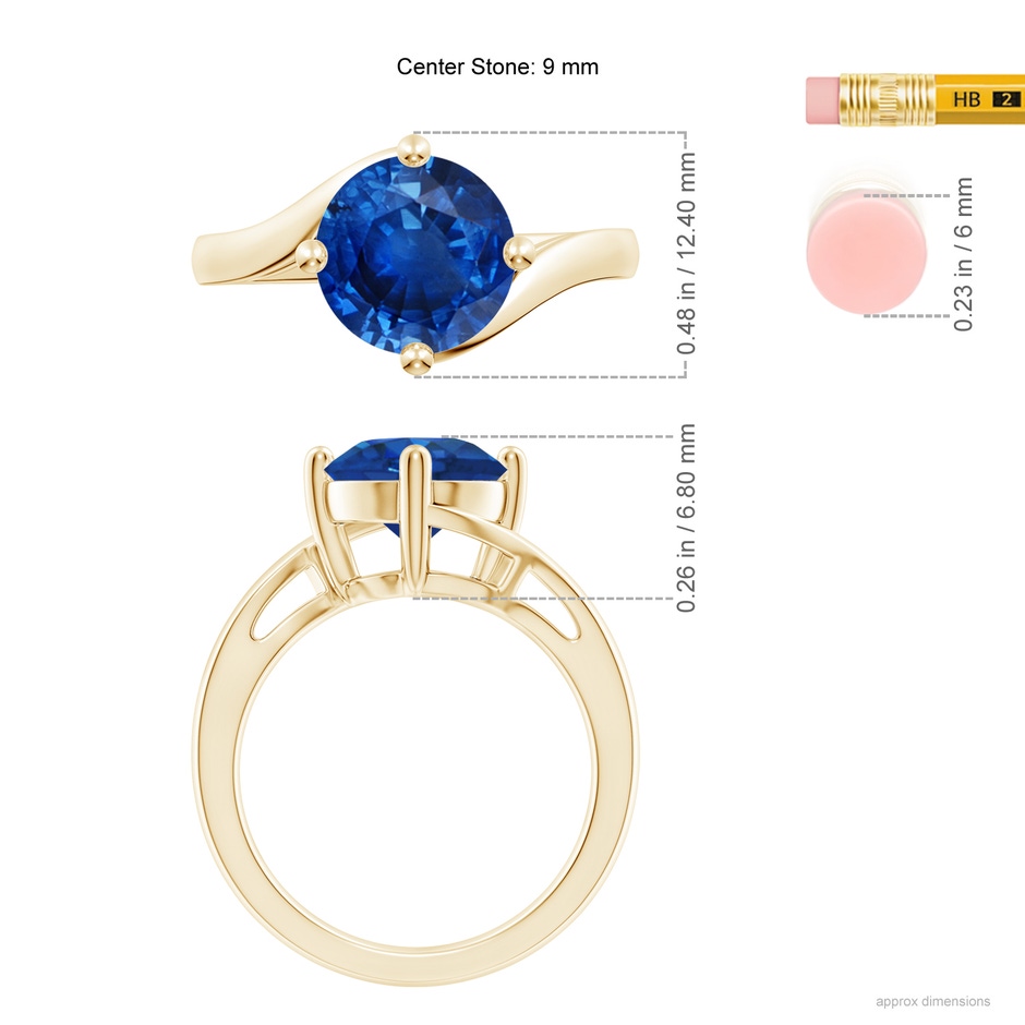9mm AAA Classic Round Sapphire Solitaire Bypass Ring in Yellow Gold ruler