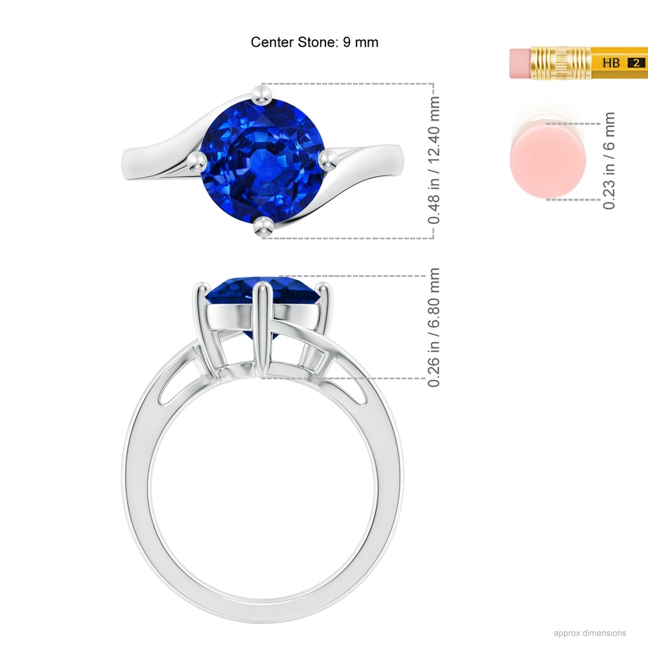 9mm AAAA Classic Round Sapphire Solitaire Bypass Ring in P950 Platinum ruler