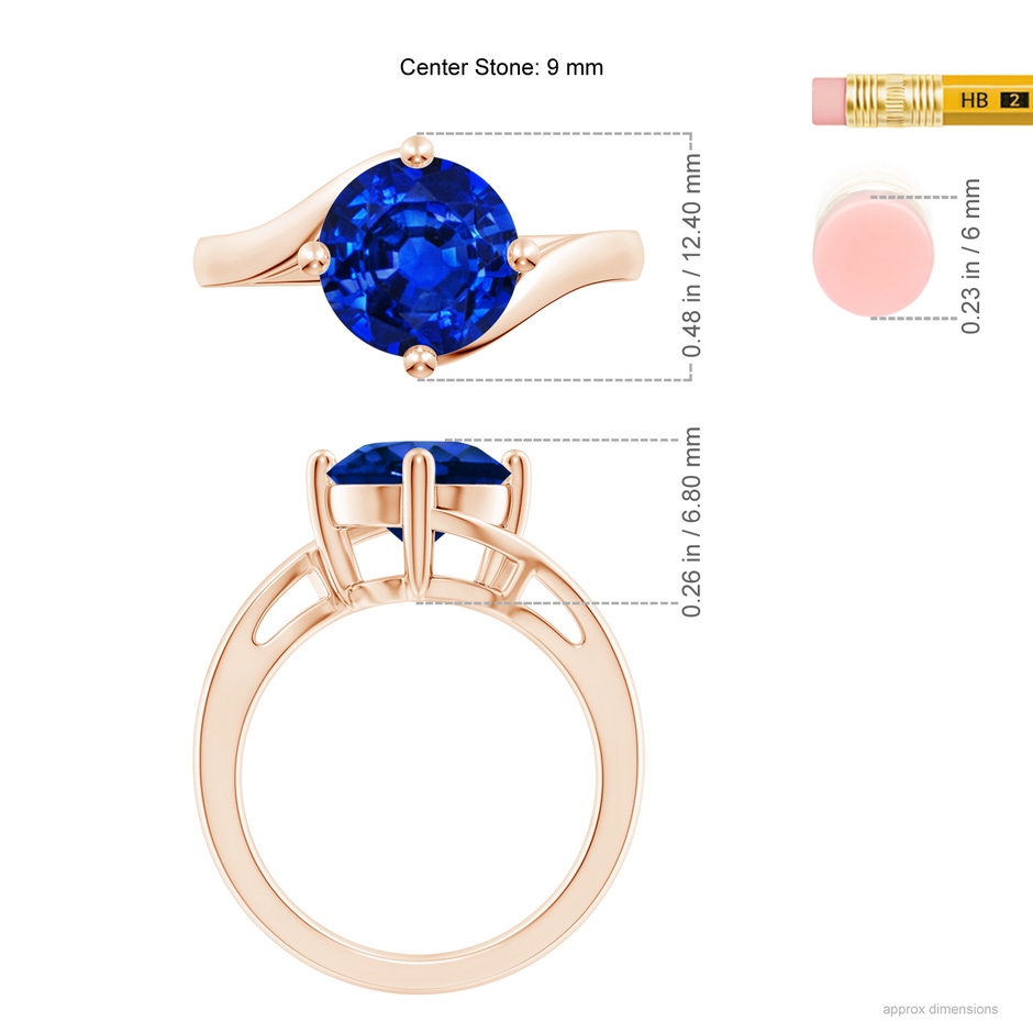 9mm AAAA Classic Round Sapphire Solitaire Bypass Ring in Rose Gold ruler