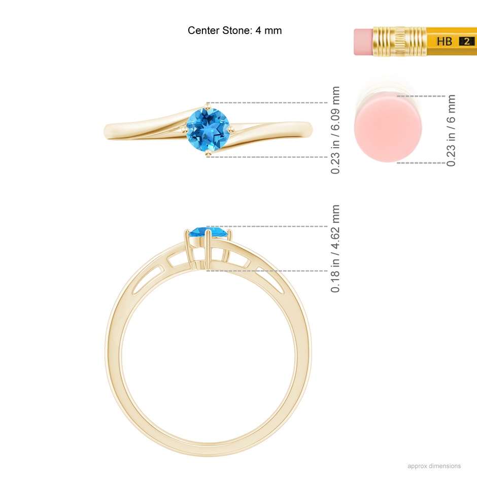 4mm AAA Classic Round Swiss Blue Topaz Solitaire Bypass Ring in Yellow Gold ruler