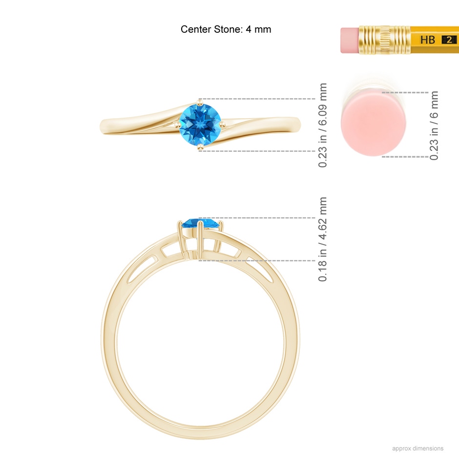 4mm AAAA Classic Round Swiss Blue Topaz Solitaire Bypass Ring in Yellow Gold ruler