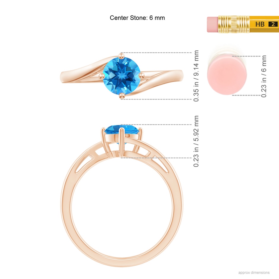 6mm AAAA Classic Round Swiss Blue Topaz Solitaire Bypass Ring in Rose Gold ruler