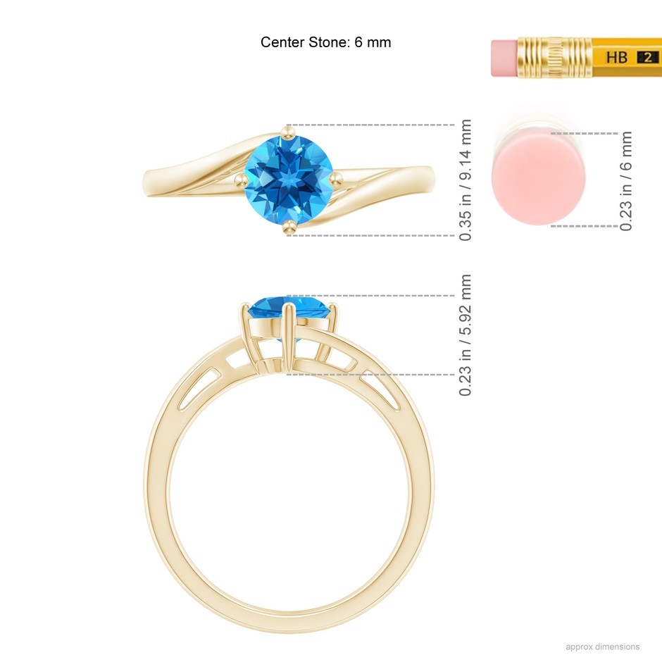 6mm AAAA Classic Round Swiss Blue Topaz Solitaire Bypass Ring in Yellow Gold ruler