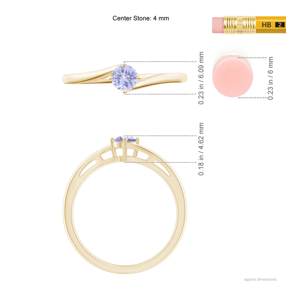 4mm A Classic Round Tanzanite Solitaire Bypass Ring in Yellow Gold ruler