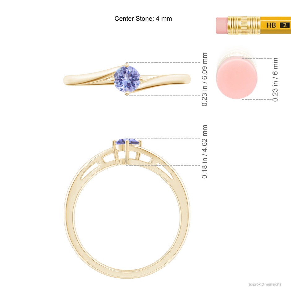 4mm AA Classic Round Tanzanite Solitaire Bypass Ring in Yellow Gold ruler