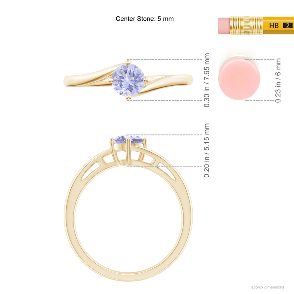 5mm A Classic Round Tanzanite Solitaire Bypass Ring in Yellow Gold ruler