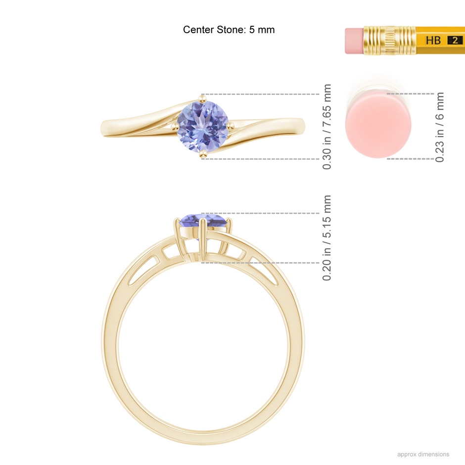 5mm AA Classic Round Tanzanite Solitaire Bypass Ring in Yellow Gold ruler