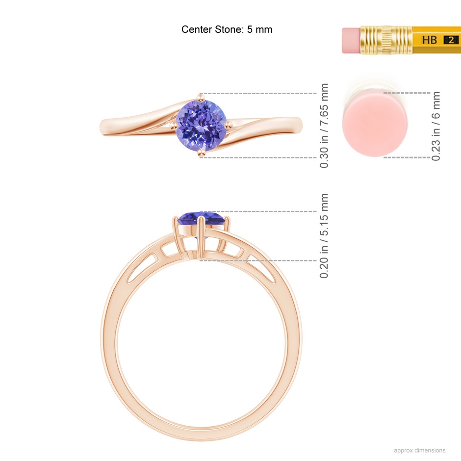 5mm AAA Classic Round Tanzanite Solitaire Bypass Ring in Rose Gold ruler