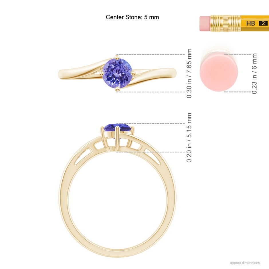 5mm AAA Classic Round Tanzanite Solitaire Bypass Ring in Yellow Gold ruler
