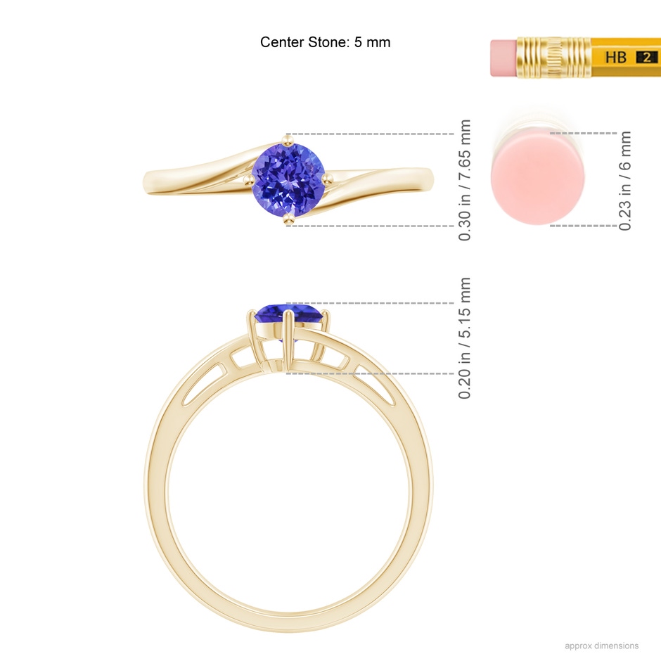 5mm AAAA Classic Round Tanzanite Solitaire Bypass Ring in Yellow Gold ruler