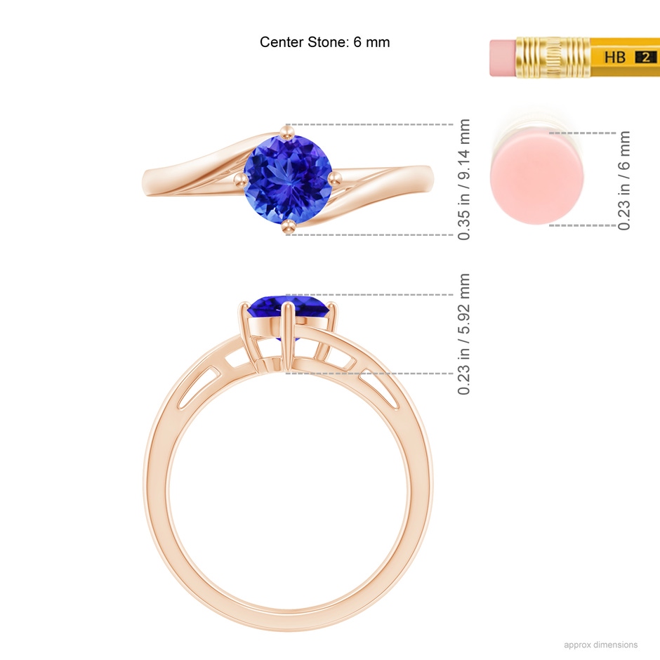 6mm AAA Classic Round Tanzanite Solitaire Bypass Ring in Rose Gold ruler