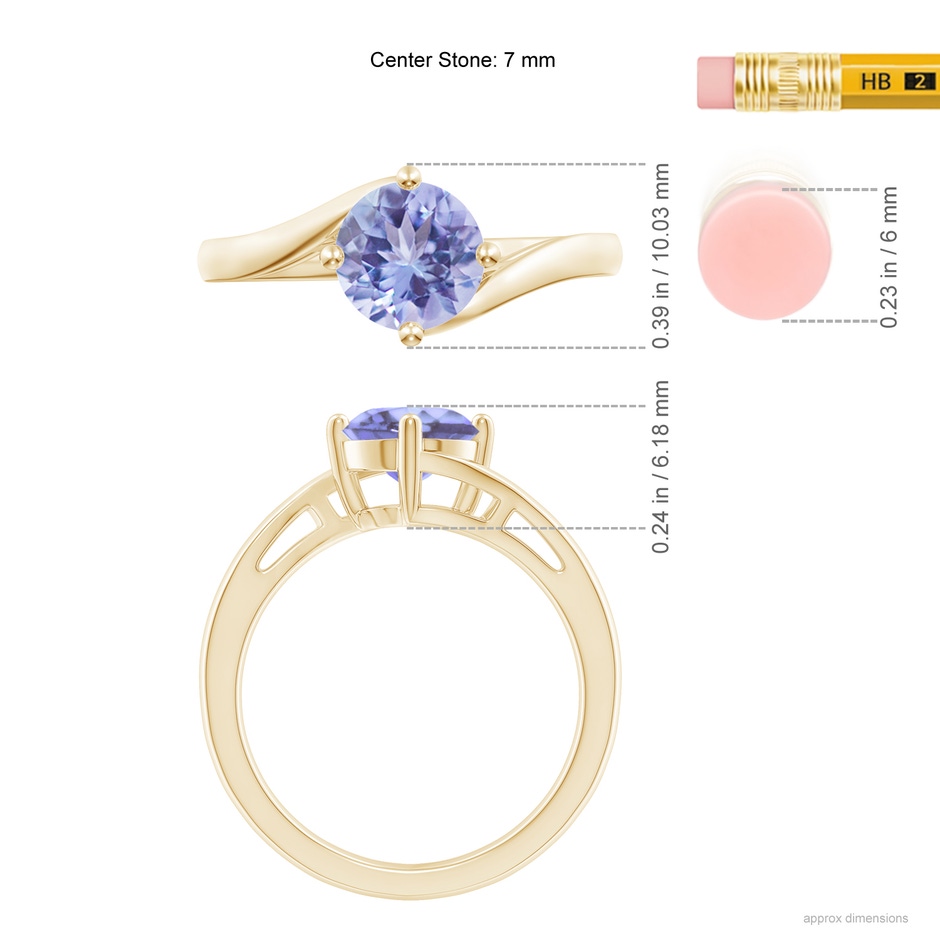 7mm A Classic Round Tanzanite Solitaire Bypass Ring in 10K Yellow Gold ruler