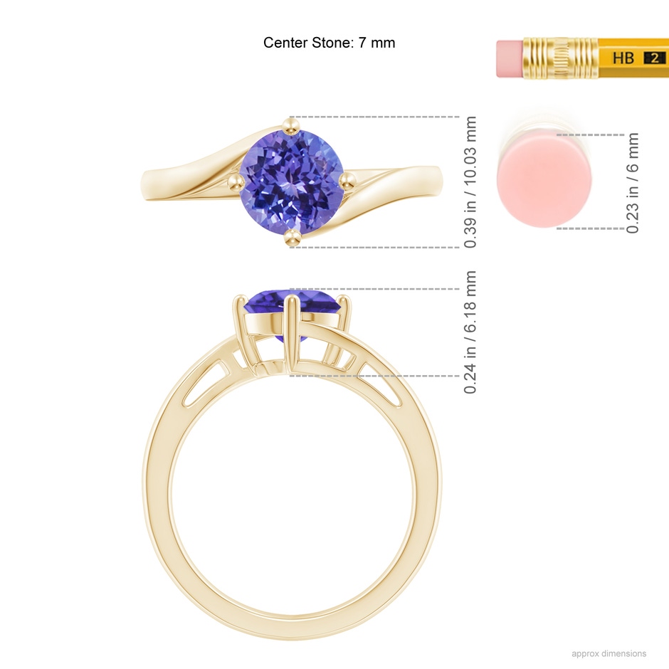 7mm AA Classic Round Tanzanite Solitaire Bypass Ring in Yellow Gold ruler