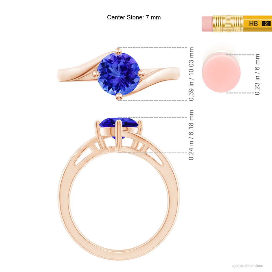 7mm AAA Classic Round Tanzanite Solitaire Bypass Ring in Rose Gold ruler