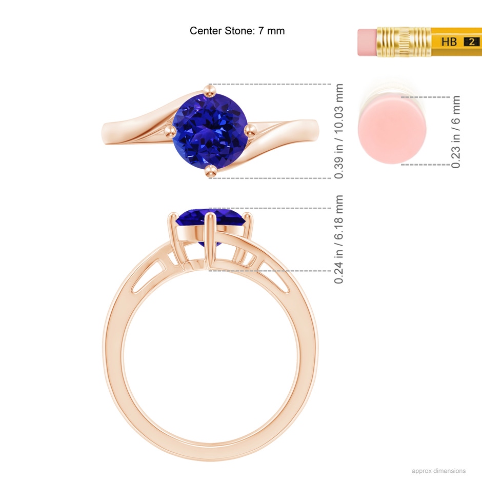 7mm AAAA Classic Round Tanzanite Solitaire Bypass Ring in Rose Gold ruler