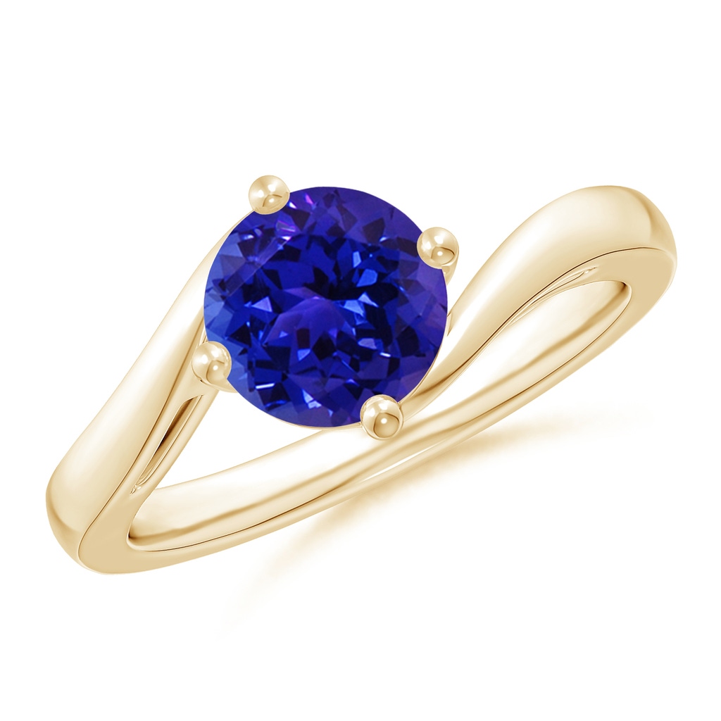 7mm AAAA Classic Round Tanzanite Solitaire Bypass Ring in Yellow Gold