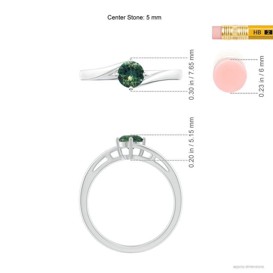 5mm AA Classic Round Teal Montana Sapphire Solitaire Bypass Ring in P950 Platinum ruler