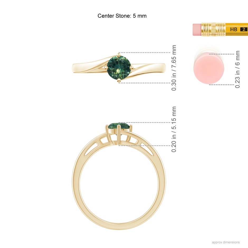 5mm AA Classic Round Teal Montana Sapphire Solitaire Bypass Ring in Yellow Gold ruler