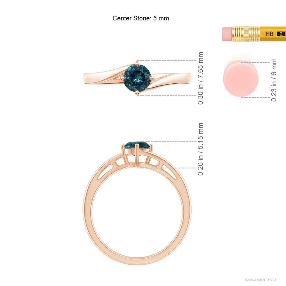 5mm AAA Classic Round Teal Montana Sapphire Solitaire Bypass Ring in Rose Gold ruler